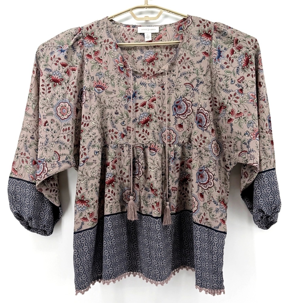 Vintage America Blouse Women XL Multicolor Excellent Celine Floral Leopard Boho